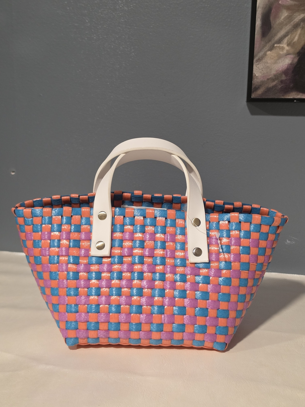 By Anthropologie Vibrant Mini Woven Tote With White Handles